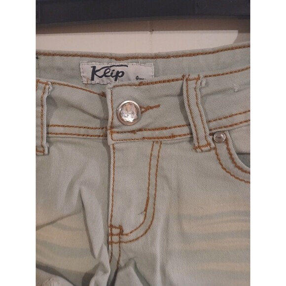 Vintage Klip  Green/yellow  Jean Shorts Junior Sz 5 Cut Off Rhinestone Distress - Picture 3 of 4